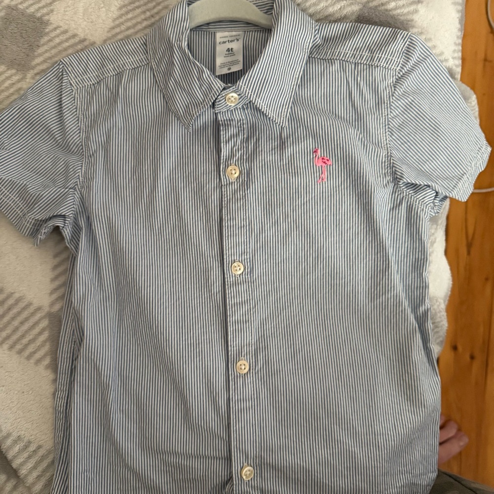 Carter's Blue and White Striped Button Down Shirt with Pink Accent